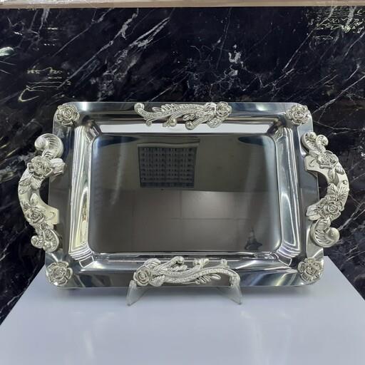 سینی سایز  بزرگ نگار ، استیل ضد زنگ ، طرح گلستان ، نقره ای